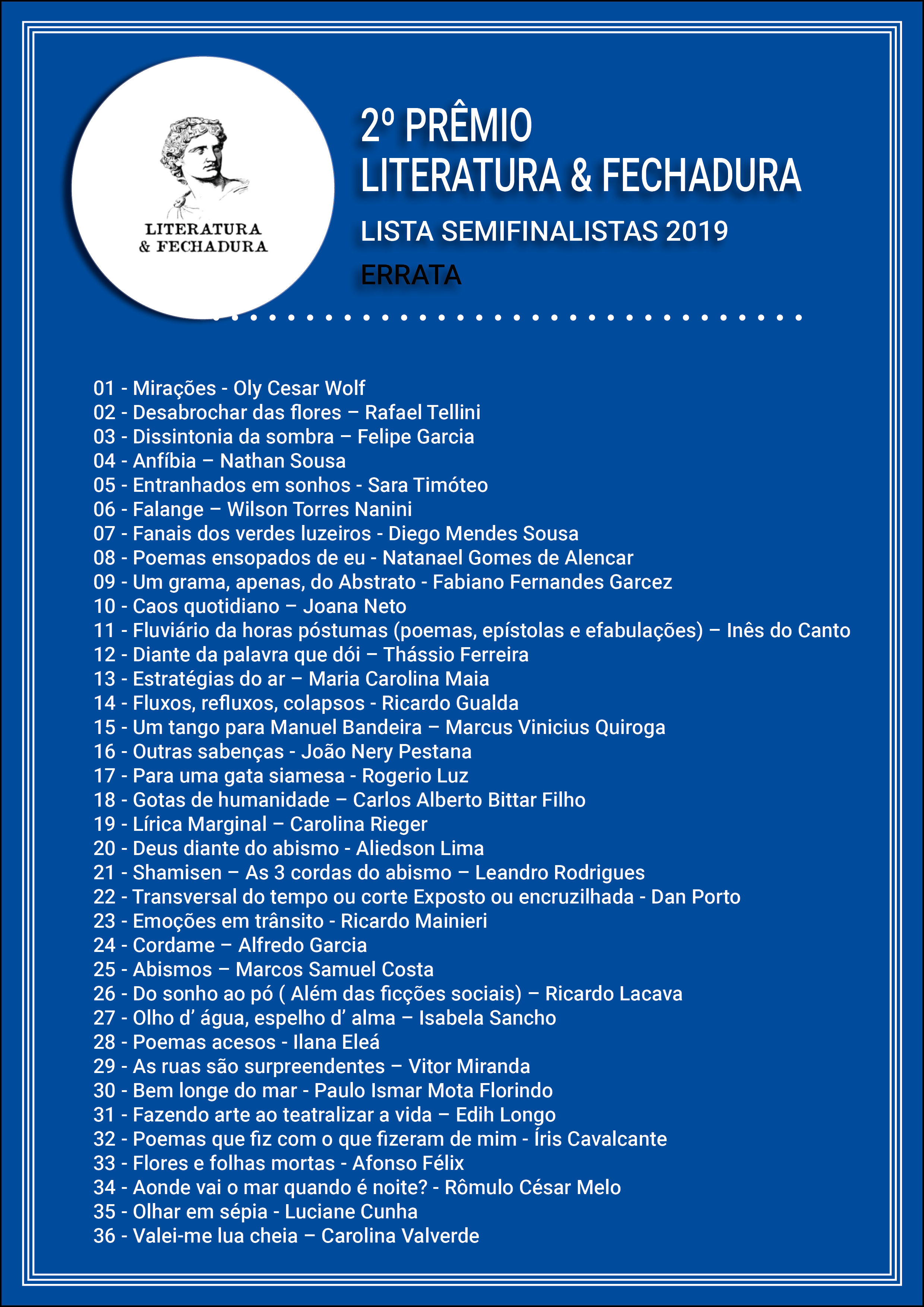 ERRATA PRÊMIO LITERATURA FECHADURA - ERRATA:   Lista de semifinalistas 2019 - 2º Prêmio Literatura & Fechadura